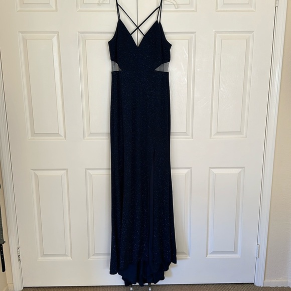 Navy Sparkly Dress with Side Cutouts and Front Slit with Cross V Neckline Size 9 - Picture 1 of 8